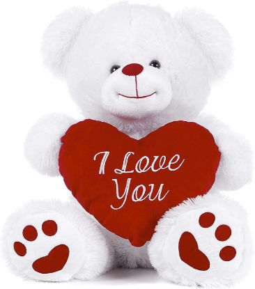 Picture of Paws White Teddy Bear Holding Red Heart with I Love You