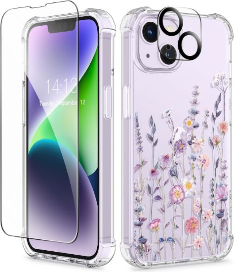 Picture of DEAL STACK - GVIEWIN iPhone 14 Case with Tempered Glass (Floratopia) + 5% Coupon