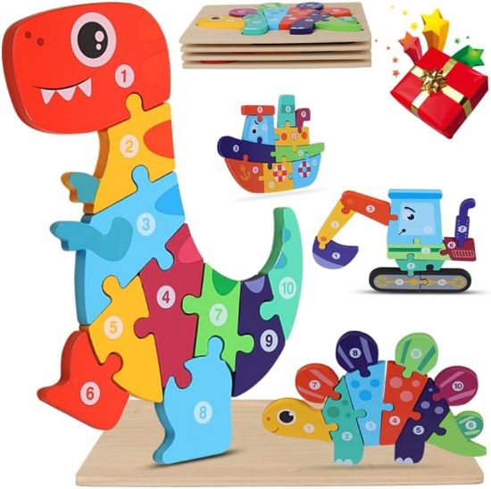 Picture of 4 Pack Wooden Puzzle Wooden Dinosaur Jigsaw Number Toys